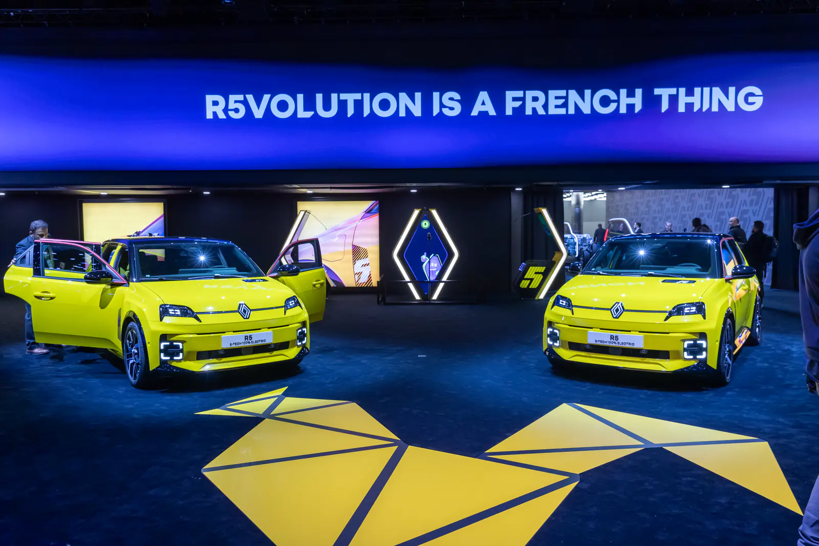 Renault 5 E-Tech electric cars on the Renault exhibition stand in Geneva